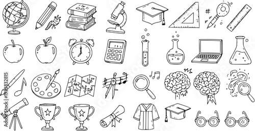 Hand-drawn Back to School Education Elements: Globe, Books, Microscope, Brain, Graduation Cap and More