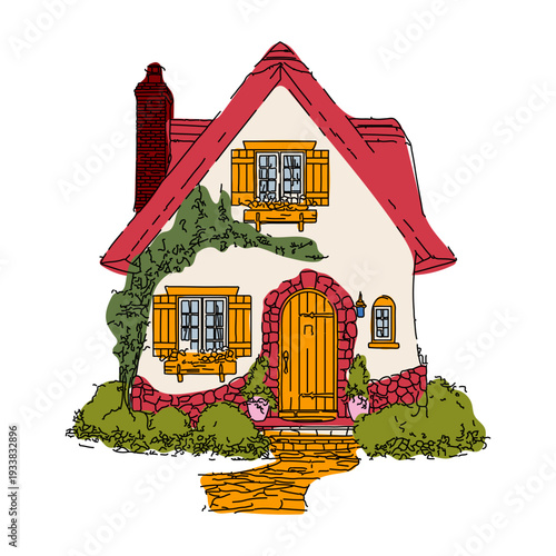 Cute Countryside Timber Frame House Drawing