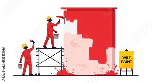 Construction workers painting a large wall with red paint.