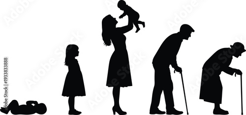 Human Life Cycle Silhouette Evolution From Infancy To Old Age Featuring Baby Child Mother With Infant And Elderly Seniors With Walking Canes For Conceptual Growth And Aging Vector Graphics