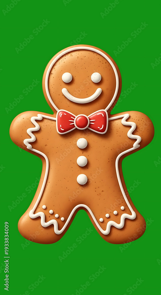 Fototapeta premium A cheerful gingerbread man with icing decorations on a green background