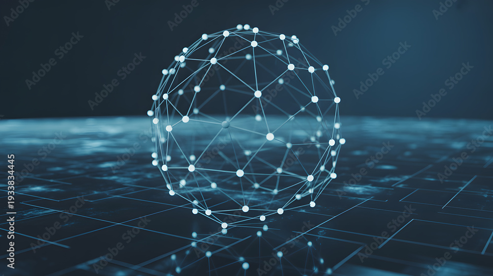 Obraz premium A futuristic network sphere with glowing nodes on a digital grid background