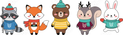 Cute winter woodland animals vector set with raccoon fox bear squirrel rabbit wearing sweaters flat cartoon illustration