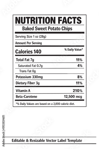 Nutrition facts label template for baked sweet potato chips cutout isolated illustration on transparent background layout