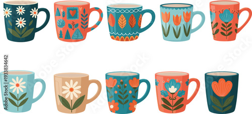 Collection of Hand Drawn Ceramic Coffee Mugs Featuring Colorful Folk Art Floral Patterns Botanical Leaves and Rustic Decorative Motifs Isolated on a White Background