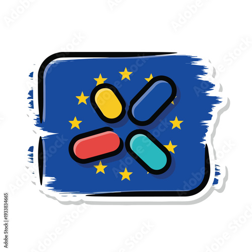 European Union symbol with four colorful capsules surrounded by stars on a blue background badge