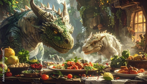 Dragon Feast - A Culinary Celebration with Mythical Creatures and Abundant Food.