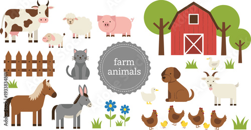 Farm animals cartoon illustration set with barn, cow sheep pig horse goat dog chicken, countryside farming scene for kids