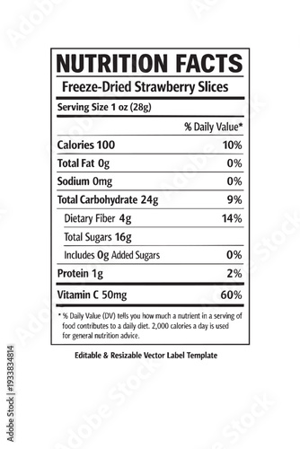 Nutrition facts label template for freeze dried strawberry slices cutout isolated illustration on transparent background layout