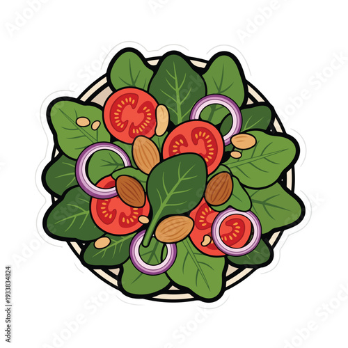 Fresh mixed greens salad with tomatoes, onions, almonds, and spinach leaves in a bowl, viewed from directly above in a healthy meal setting