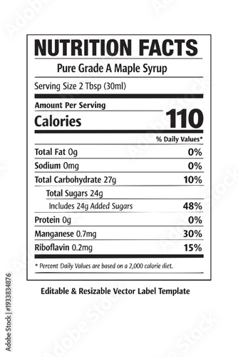 Nutrition facts label template for maple syrup cutout isolated illustration on transparent background layout