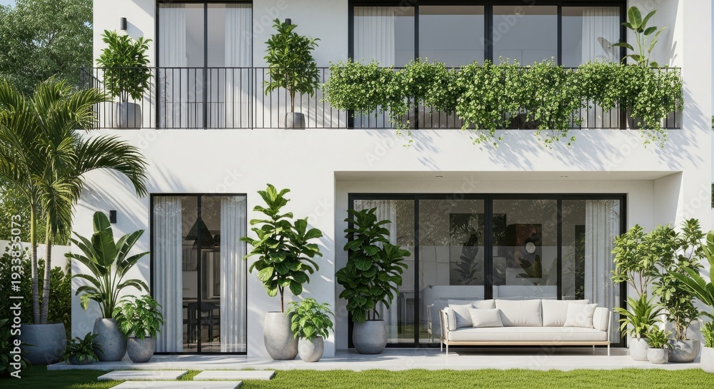 Fototapeta premium Modern residence facade features multiple levels of balconies and lush container gardens
