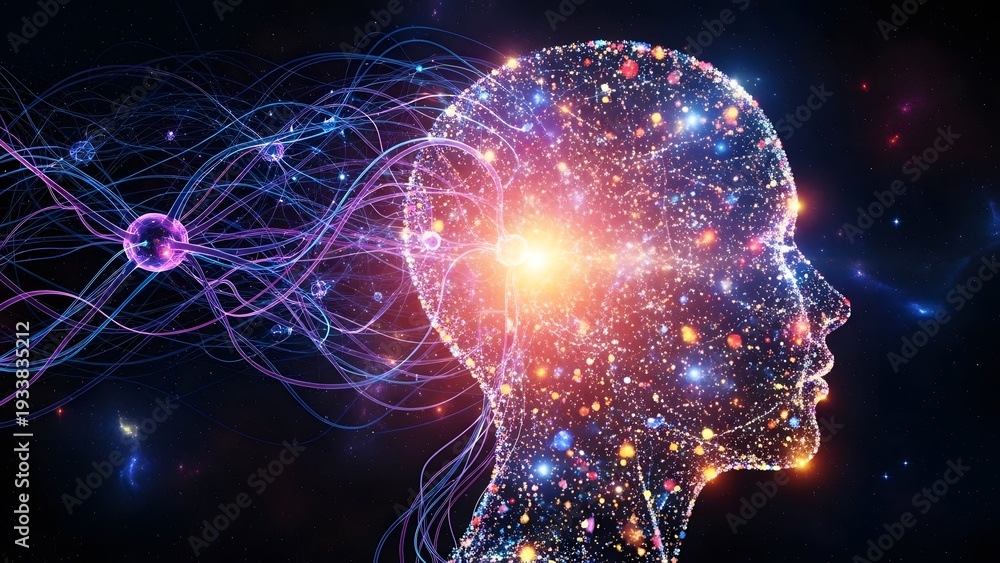 Fototapeta premium Artificial intelligence and neural network brain processing. Digital human profile in deep space. Glowing particles and data streams forming a cosmic mind and cognitive technology
