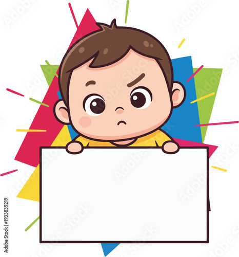 Angry cartoon boy holding a blank white sign framed by colorful geometric shapes and energetic lines