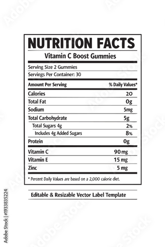 Nutrition facts label vitamin C boost gummies cutout isolated illustration on transparent background layout