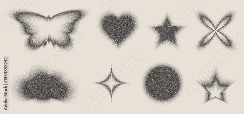 Grainy gradient shapes, flower and butterfly, circle and heart in Y2K retro style, vector illustration set. Noisy halftone patterns, pixelated dots, and abstract floral and geometric icons