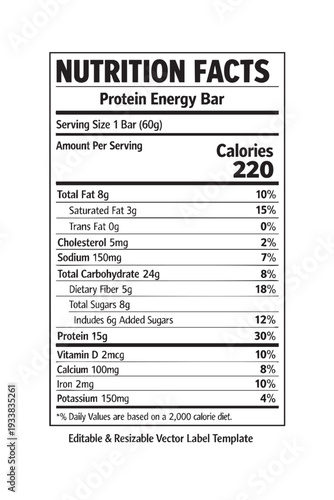 Nutrition facts protein energy bar label template cutout isolated illustration on transparent background layout