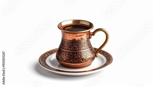 Elegant copper coffee cup filled with dark brew.