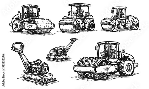 Loose Sketch Soil Compactor Machines Hand Drawn Construction Equipment Vector Collection