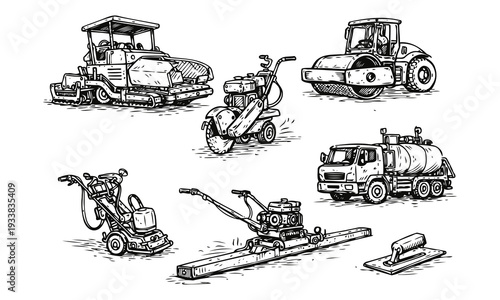 Sketch Style Roadwork Machinery Vector Set Hand Drawn Highway Construction Equipment Collection