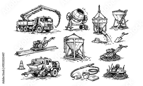 Hand Sketched Concrete Construction Machines Vector Collection Industrial Equipment Doodle Set