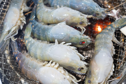 Wallpaper Mural Raw blue river prawn on charcoal stove. Close up Torontodigital.ca
