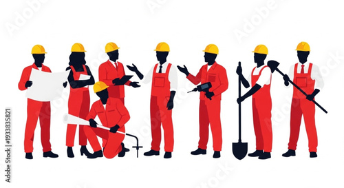Construction Workers Team Safety Helmets Red Uniforms.