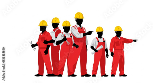 Construction Workers Team Safety Helmets Red Uniforms.