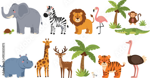 Cute safari animals cartoon set with elephant, zebra, lion, giraffe, tiger and tropical elements, adorable wildlife illustration for kids, nursery and children designs