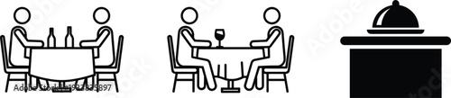 Restaurant dining couple icon set minimalist black line waiter counter cloche vector illustration isolated on white background concept