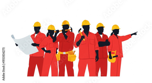 Construction Workers Team Standing Together Holding Blueprints and Tools.