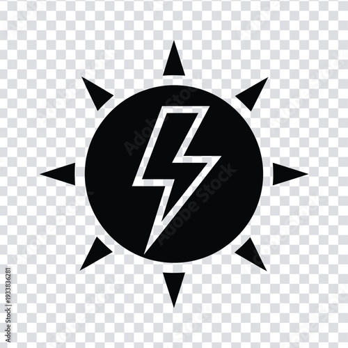 Black lightning bolt symbol on a transparent background with sunburst design