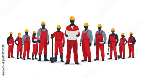 Construction Workers Team Standing Together Holding Blueprints.