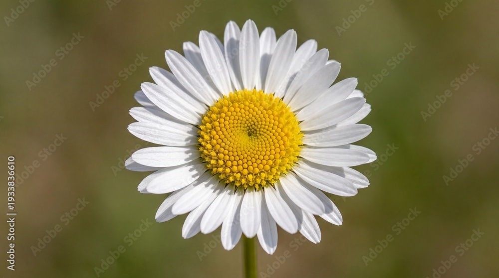 Obraz premium White daisy flower with yellow center, displaying delicate petals and intricate details, set against a soft green blurred background in a natural outdoor environment