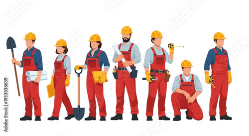 Construction Workers Team Uniforms Safety Helmets Tools.