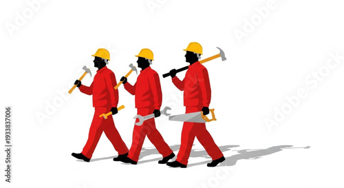 Construction Workers Walking with Tools.