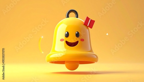 A glossy, golden bell with a smiling face and a cute red bow, set against a yellow backdrop