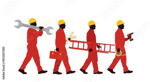 Construction Workers Walking with Tools.