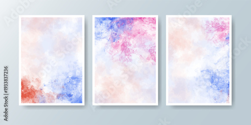 Set of cards with bright colorful vector watercolor background. Design for your date, postcard