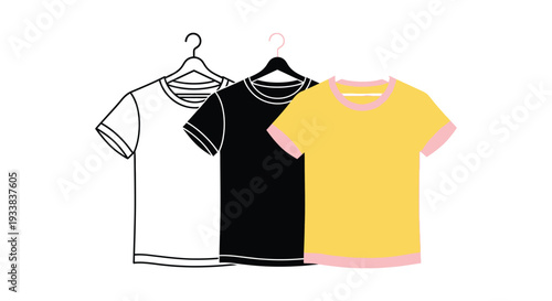 Vector graphic illustration showcasing three different colored short sleeve t-shirts hanging on clothing hangers