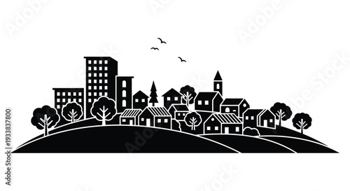 Black and white vector illustration depicting a diverse cityscape blending modern high-rises with traditional hillside village architecture