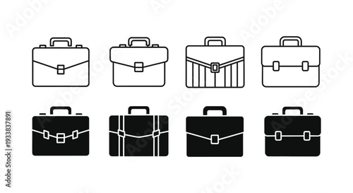 Vector graphic illustration featuring a diverse set of briefcases for business, travel, and professional use.