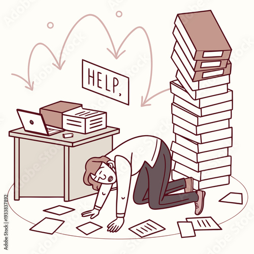 Overwhelmed office worker is buried under massive mountains of documents and papers while asking for urgent help.