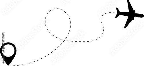 Aircraft flight path background. Airplane icon vector set. Plane flying path illustration. Air travel background design with flight path pattern. Modern airplane travel pattern vector.