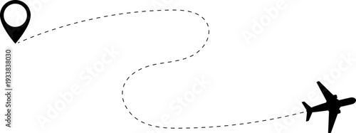 Aircraft flight path background. Airplane icon vector set. Plane flying path illustration. Air travel background design with flight path pattern. Modern airplane travel pattern vector.