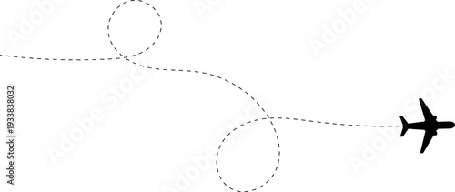 Aircraft flight path background. Airplane icon vector set. Plane flying path illustration. Air travel background design with flight path pattern. Modern airplane travel pattern vector.