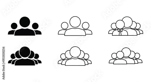 Diverse vector graphic illustration set of people group icons, symbolizing teams, users, audience, and community designs.