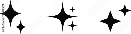 Three different groups of black sparkle symbols presented cleanly on a bright white surface