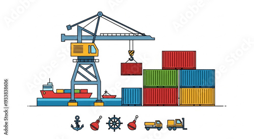 Container Ship Loading Crane and Cargo Containers at Port.