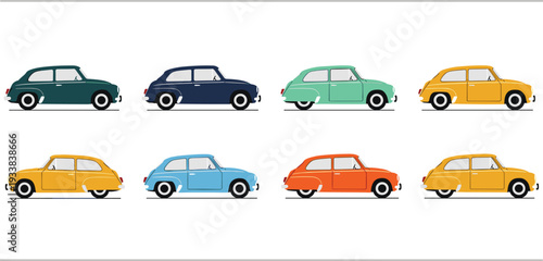 Collection of vintage retro small cars in various colors like blue orange yellow and green in flat design style for automotive icons travel patterns transportation theme isolated on white background.